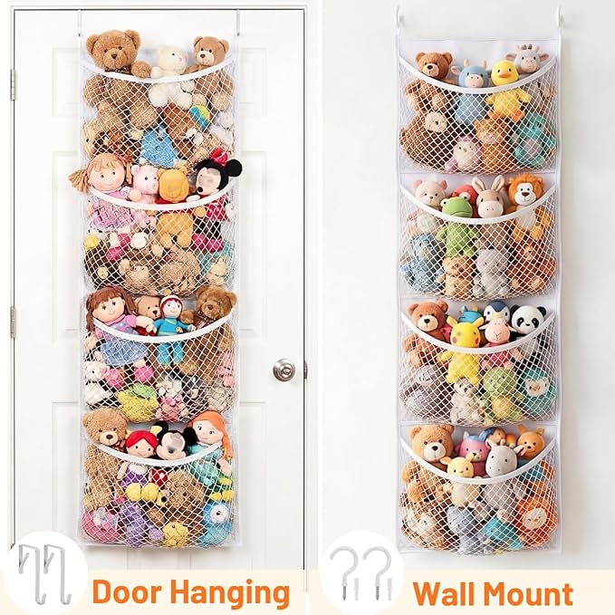 Ofiray-home Over The Door Stuffed Animal Storage, Cotton Toy Organizer for Storage Plush Toys, Stuffed Animal Holder with 4 Large Pockets, Hanging Door Organizer for Nursery, Bedroom (White)