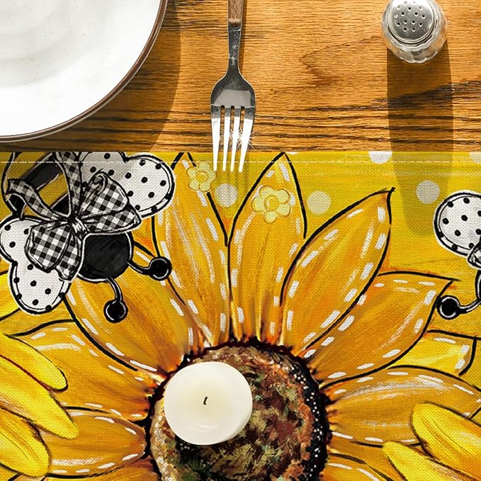 Artoid Mode Yellow Sunflower Bee Flower Polka Dot Summer Table Runner, Seasonal Kitchen Dining Table Decoration for Indoor Party Home 13x72 Inch