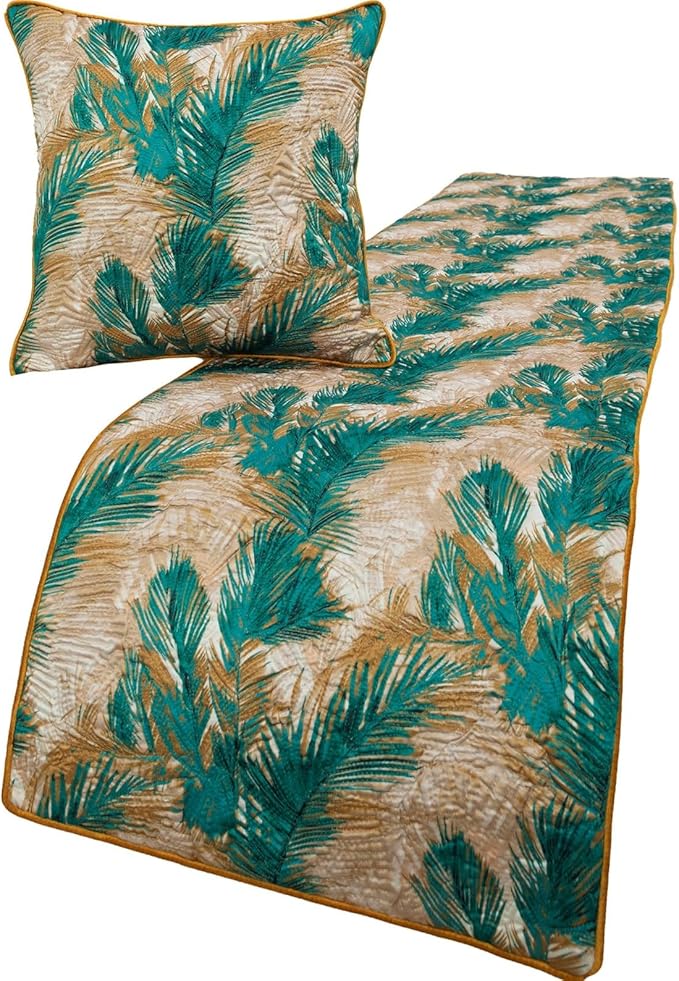 The HomeCentric King/Queen/Twin Green Decorative King 90"x18" Bed Runner with Pillow Cover, Plam Leaves & Quilted Bed Scarf on Satin Fabric - Palms