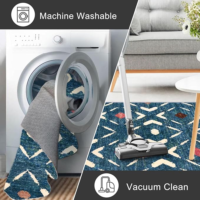 KILOCOCO Living Room Rug 5x7 Area Rug Printed Boho Washable Bedroom Rugs Non Slip Soft Large Moroccan Rubber Backed Indoor Rugs for Dining Room Office Farmhouse Geometric Carpet, Teal/Blue