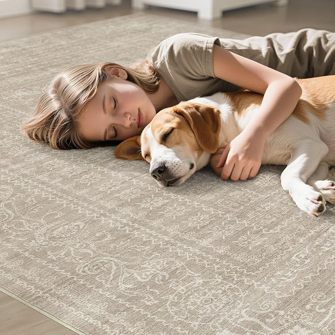 5x7 Area Rugs Living Room: Washable Large Vintage Rug Neutral Non-Slip Soft Stain Resistant Indoor Carpet for Bedroom Nursery Dining Room Under Table Bed Home House Office Playroom - Brown