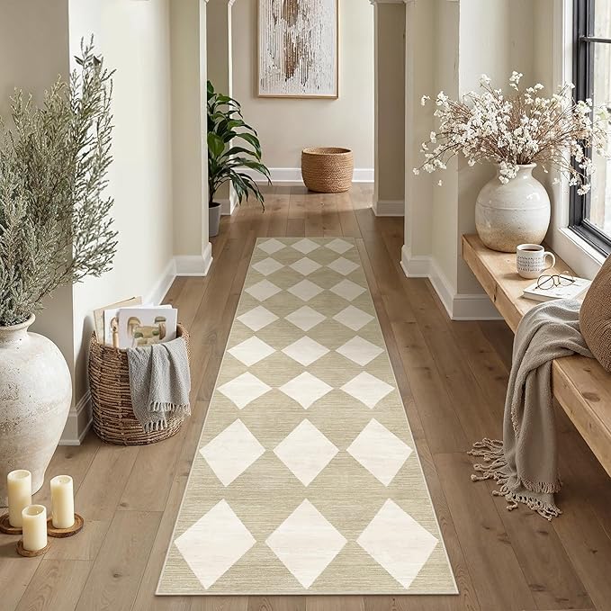 2x8 Runner Checkered Rug for Hallways Beige Washable Long Carpet Non-Slip Low Pile Boho Indoor Accent Throw Rug for Entrance Kitchen Bedroom Dining Laundry