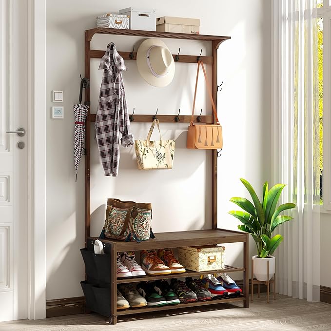 AMBIRD Hall Tree with bench and shoe storage, Entryway Bench with shoe storage, 6-in-1 Coat Rack with Cloth Bag and14 Coat Hooks, Sturdy Bamboo Frame, Large Size, Brown 39 * 15 * 70 Inches