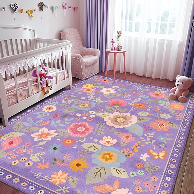 Floral 4x6 Area Rug Machine Washable Soft Print Boho Carpet Non Slip Doormat Low Pile Flower Area Rugs for Living Room Bedroom Nursery Kitchen Dining Room Indoor-Purple/Pink/Multi