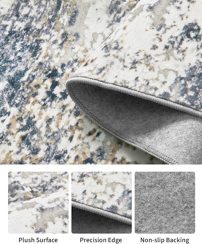 Art&Tuft Washable Rugs 5x7, Abstract Area Rugs for Living Room - Non Slip and Low Pile Soft Thin 5x7 Rug for Bedroom, Dining Room, Kitchen, Office, Blue