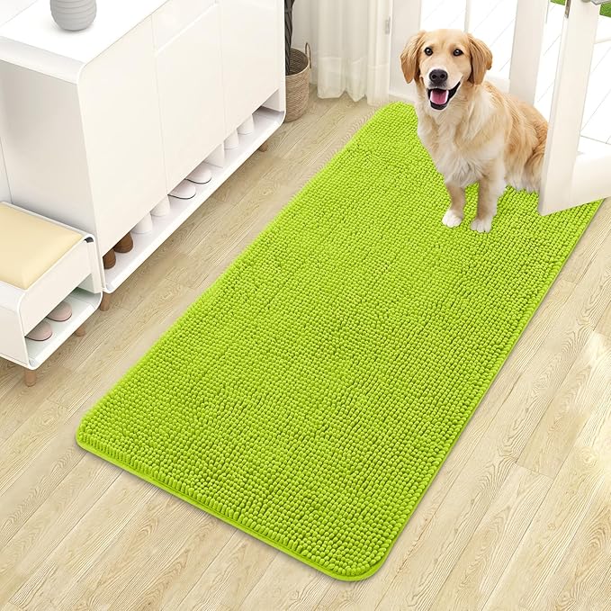 OLANLY Dog Door Mat for Muddy Paws 44x24, Absorbs Moisture and Dirt, Absorbent Non-Slip Washable Doormat, Quick Dry Chenille Mud Mat, Entry Indoor Entryway Carpet for Inside Floor, Bright Green