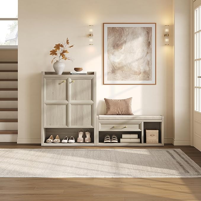SICOTAS Shoe Benches with Storage Set of 2, Farmhouse 86.6" Extra Wide Entryway Benches with Cushion, Drawer & Tall Boot Shelf, 18.9" Comfort Height Seat for Hallway Bedroom Mudroom, Grey White Oak