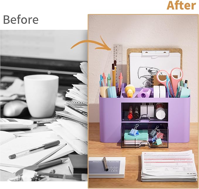 Marbrasse Pen Organizer with 2 Drawer, Multi-Functional Pencil Holder for Desk, Desk Organizers and Accessories with 5 Compartments + Drawer for Office Art Supplies (Purple)