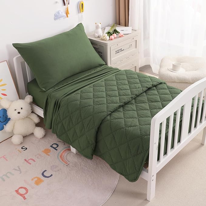 NTBAY Toddler Bedding Set - 4 Piece Soft and Breathable Crib Bedding Set for Boys and Girls, Includes Quilted Comforter, Fitted Sheet, Flat Top Sheet and Envelope Pillowcase, Olive Green