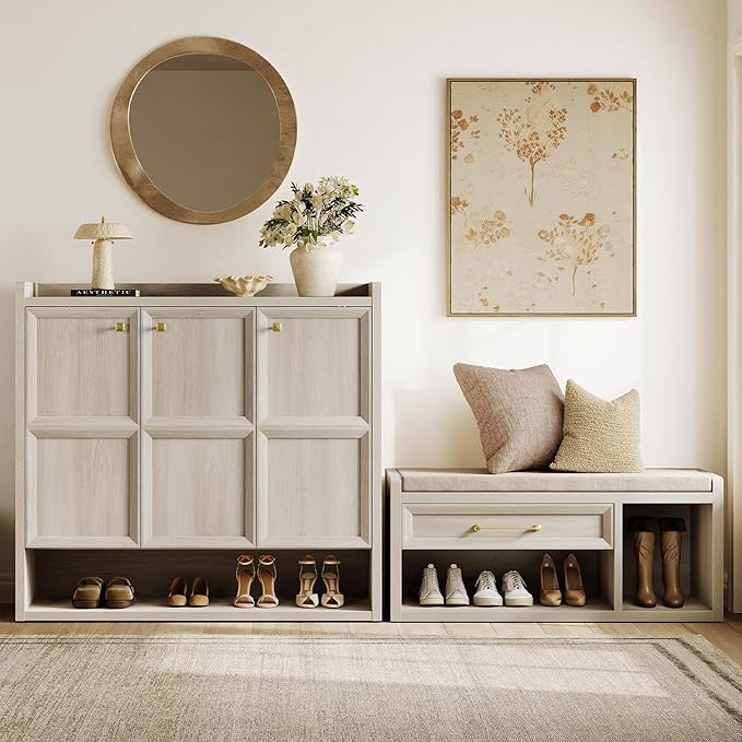 SICOTAS Shoe Benches with Storage Set of 2, Farmhouse 86.6" Extra Wide Entryway Benches with Cushion, Drawer & Tall Boot Shelf, 18.9" Comfort Height Seat for Hallway Bedroom Mudroom, Grey White Oak