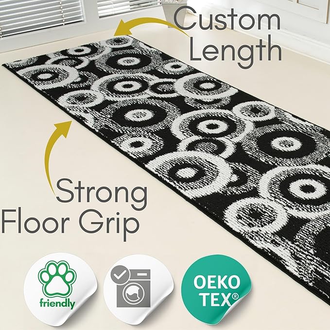 Custom Size Long Black Hallway Runner Rug | Cut to Length 2'3" x 19' (Runner) | Non-Slip & Machine Washable | REMNAZ