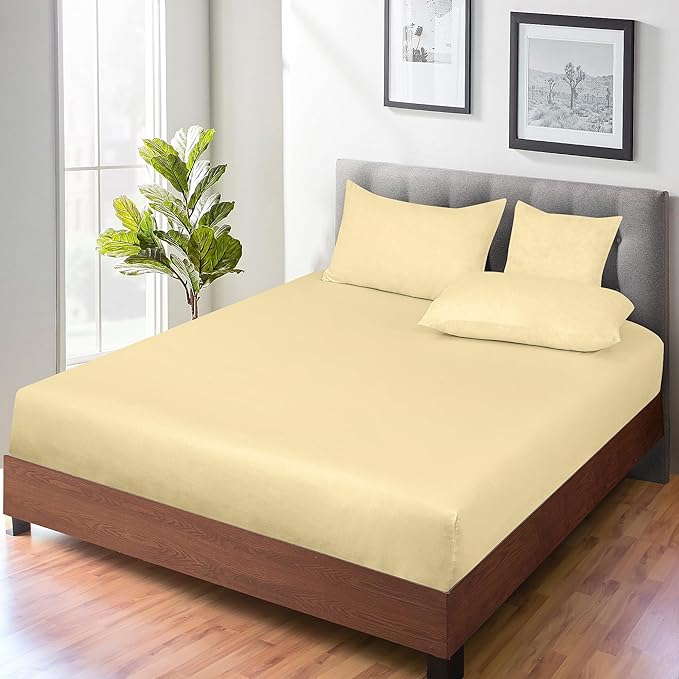 ROYALE LINENS 300 Thread Count 100% Long Staple Combed Cotton Fitted Sheet Queen - Super Soft Deep Pocket Bottom Sheet - Fitted Sheets Only - Elastic Sheets (Queen, Light Yellow)