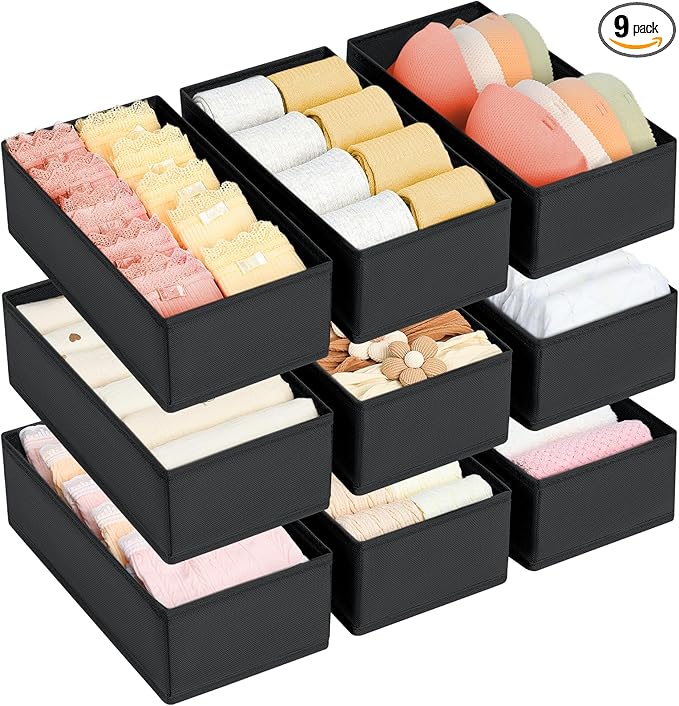 DIMJ Drawer Organizer Clothes - Underwear Organizer Sock Closet Organizers and Storage Box Dresser Organizer, Drawer Dividers for Baby Clothes, Bra, Socks, Belt, Tie, Set of 9, Black