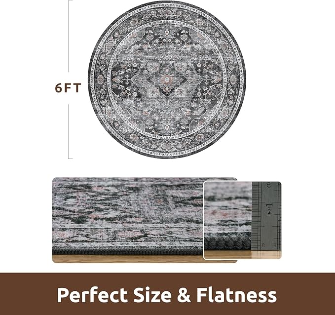 AMOAMI-6FT Round Rug-Rugs for Living Room-Vintage Soft Black Rugs for Bedroom-Non Slip Circle Rug-Machine Washable Rug for Dining Room Living Room Bedroom Office Under Table Dark Grey & Black