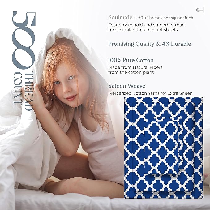 Mayfair Linen 100% Egyptian Cotton Split King Sheets Sets for Adjustable Bed - 500 Thread Count Split Top King Sheet (5 PC, Quatrefoil - Navy), Soft, Cooling, Sateen Weave 16" Deep Pocket Hotel Sheet