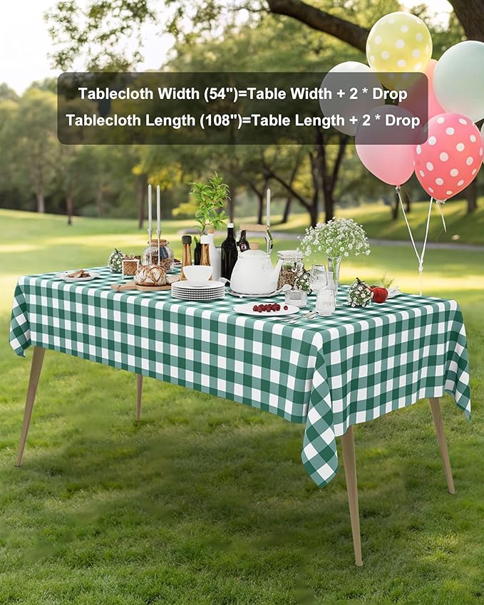 Smiry 20 Packs Gingham Disposable Table Cloth, 54 x 108 Inch Waterproof Plastic Tablecloth, Rectangle Hunter Green and White Checkered Table Covers for Picnic, Birthday, Party