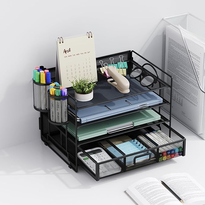 Marbrasse Desk Organizer and Accessories4-Tier Paper File Letter Tray Accessories & Workspace Desk Organizers with Drawer and 2 Pen Holders for School Home Office Supplies (Black)