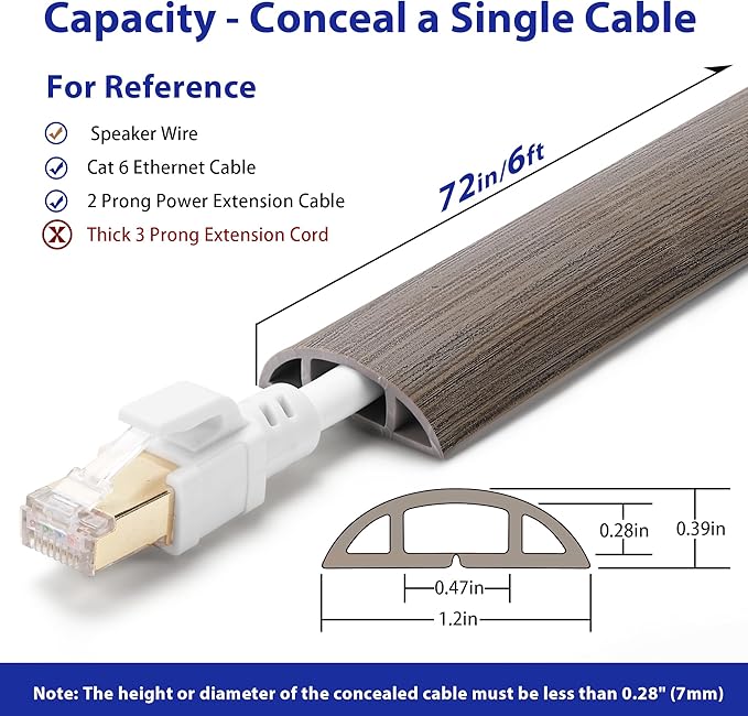 Floor Cord Cover 6ft, Cord Hider Floor Gray Wood, Cable Management Prevent Trips, Cable Cover Wire Covers for Electric Power Cords, Wire Protector Cavity W0.47in x H0.28in Grey