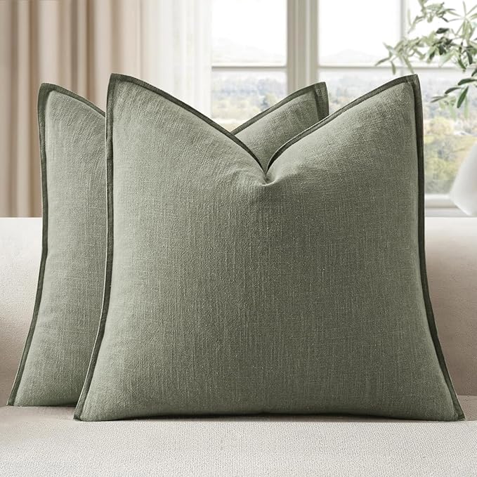 EMEMA Throw Pillow Covers Decorative Linen Pillow Covers 24x24 Inch Light Olive Green Boho Farmhouse Neutral Couch Throw Pillows for Bed Pack of 2 Accent Pillowcase Modern Sofa Cushion Livingroom Home