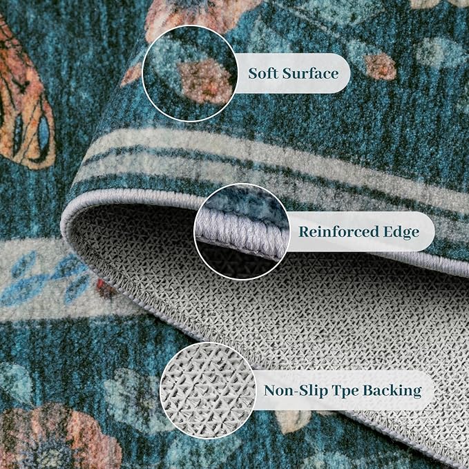 4ft Washable Round Rug - Bug Rugs for Living Room Non-Slip Low Pile Soft Ultra-Thin Machine Washable Circle Carpet for Bedroom, Entryway, Nursery, Kitchen, Home Office (4' Round Teal)