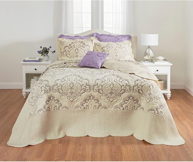 BrylaneHome Bedding Lightweight All Season Modern Amelia Quilted Damask Oversized Ultra Soft Bedspread - King, Ivory Lavender