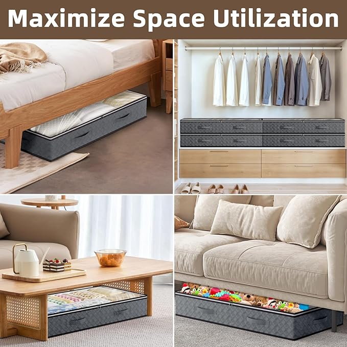 10 Pack Under Bed Storage Containers 90L Underbed Closet Organizer System Collapsible Storage Bins with Clear Window and Reinforced Handles for Bedding Pillows Blanket Towels Clothes Wardrobe Bedroom
