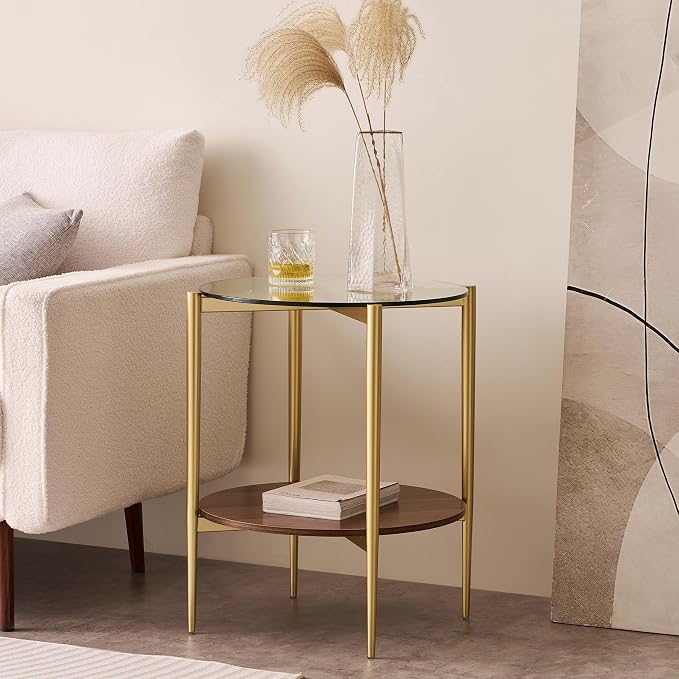 LumFurn Round Glass End Table, Mid-Century Modern Design Sofa Table