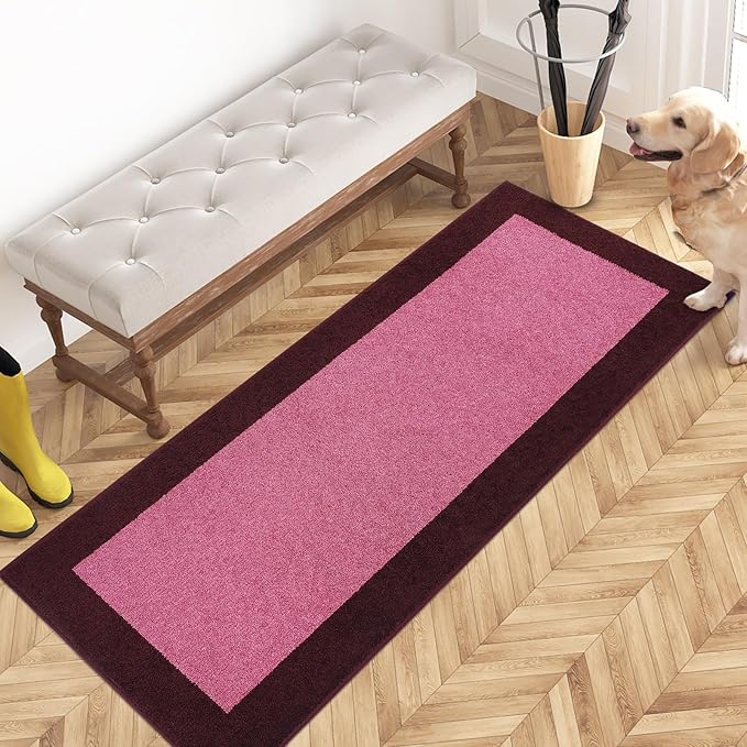 PURRUGS Dirt Trapping Door Mat 24" x 60", Non-Slip/Skid Machine Washable Entryway Rug, Shoes Scraper, Throw Rug, Super Absorbent Area Rug for Muddy Wet Shoes and Paws, Pink & Burgundy Red