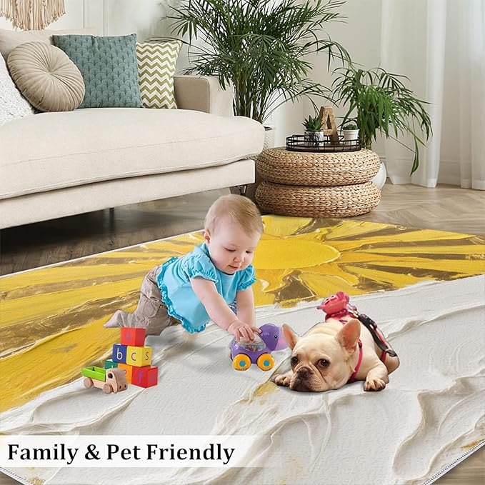 Boho Sun Area Rugs 6x9ft, Abstraction Deco Fluffie Rugs for Living Room, Minimalist Sunburst Nursery Rug with Under Rug Non Slip Tape for Bedroom Kids Room