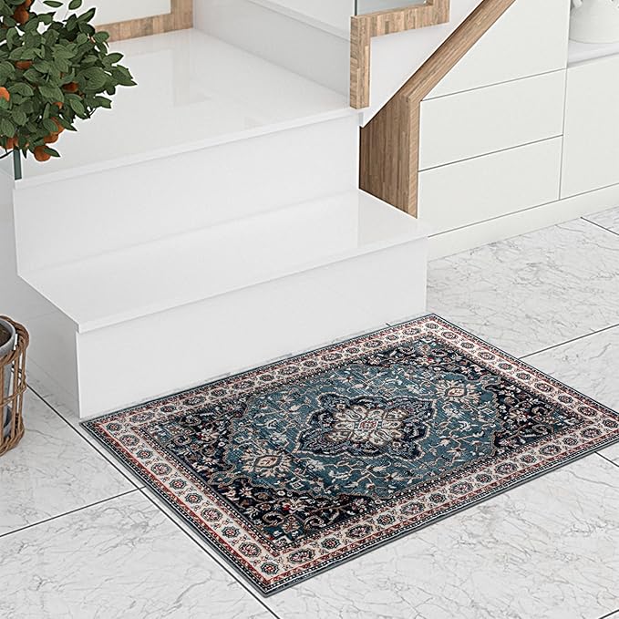 Easy-Going Area Rug 2x3 Washable Medallion Distressed Entryway Rugs Front Door Mat Indoor Entrance Non-Slip Vintage Retro Small Entry Rug for Bedroom Kitchen Bathroom Lightweight Carpet, Teal Brick