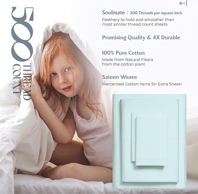 Mayfair Linen 500 Thread Count Twin Cotton Sheets - 3 PC Twin Size Bed Sheet Set Cotton (Sea Foam), Soft, Cooling, Sateen Hotel-Quality 16" Deep Pocket Bedsheet for Hot Sleepers (Fits 18" Mattress)