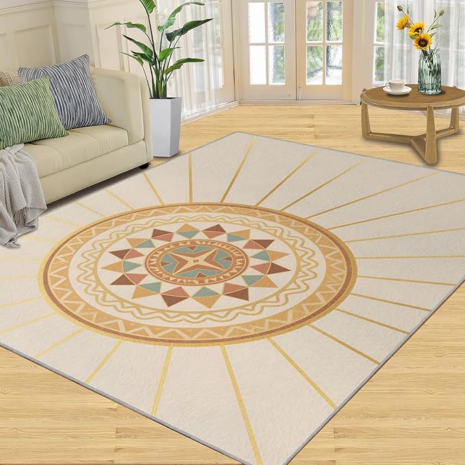 Boho Sun Area Rugs 5x7ft, Minimalist Line Rugs for Living Room, Geometric Solar Floor Rug Sturdy and Non-Shedding for Bedroom Hardwood Floors Teen Room