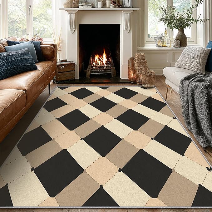 Washable 5x5 Modern Geometric Rug Living Room, Abstract Diamond Design Area Rugs for Bedroom, Modern Geometric Home Decor Carpet, Low Pile, Non Slip, Kids & Pet Friendly (N4153)