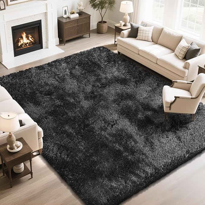 Fluffy Rug Shaggy Area Rug, Black 10x14 Area Rugs for Bedroom, Super Soft Shaggy Rugs for Living Room Bedroom Kids Room Home Decor, Upgrade Anti-Skid Rectangular Fuzzy Rug