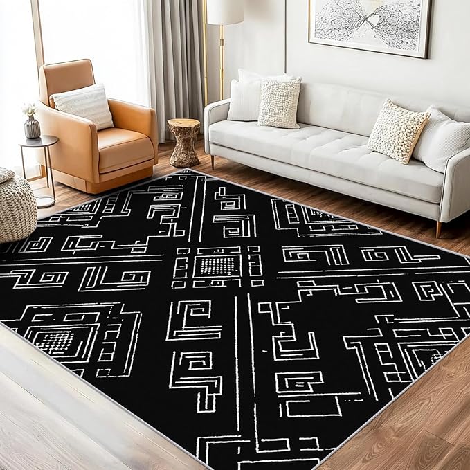 Geometric Rug, Washable 4x5 Rug for Living Room, Black and White Patterned Indoor Carpet, Modern Geometric Decor for Home, Bedroom, Soft Non Slip Thin Design FER15