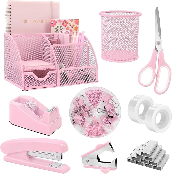 SKYDUE Pink Desk Accessories, Pink Office Supplies Set, Mesh Desk Organizer, Stapler, Tape Dispenser, Scissors, Binder/Paper Clips and 1000pcs Staples,Desk Organizer for Women