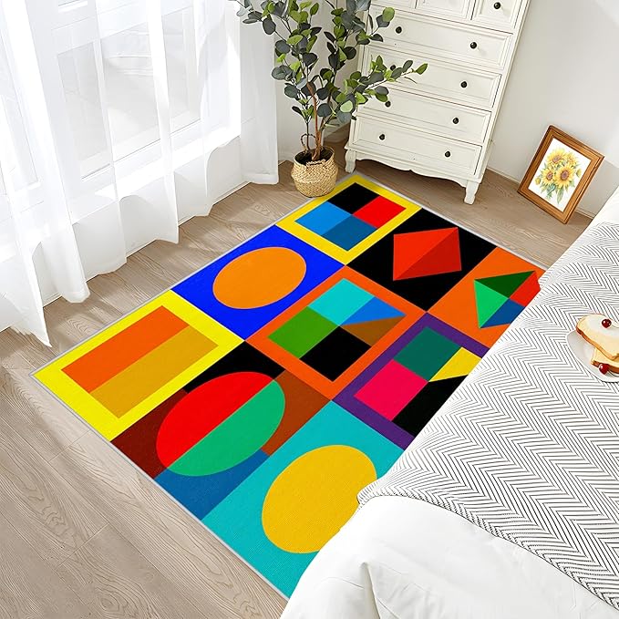 6x8 Rug Non Silp - Geometric Rugs for Living Room, Colorful Abstract Modern Funky Low Pile Machine Washable Area Rugs for Bedroom, Geometric Carpet House Decor & Gifts