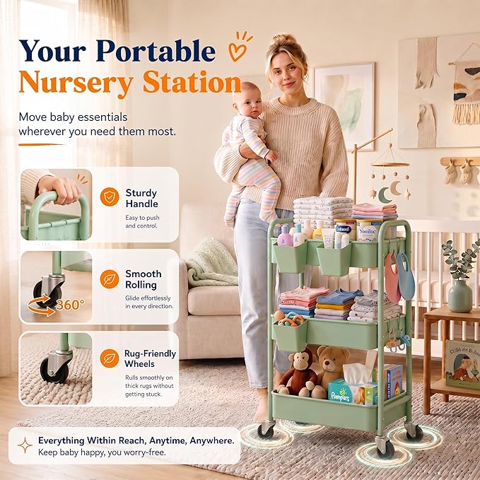 3 Tier Rolling Storage Cart Metal with Wheels, Green Baby Diaper Caddy Carts, Three Tiered Craft Cart Organizer on Wheels, Utility Roller Trolley for Art, Book, Snack, Office, Laundry, Bathroom Shelf