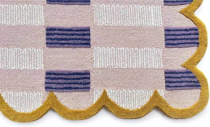 Hand-Tufted Wool Rug with Scalloped Edges, Light Blue Plaid Pattern, Cozy Soft Area Rug for Living Room, Bedroom, and Nursery, Handmade Modern Accent Rug (Pink, 10X14 FEET)