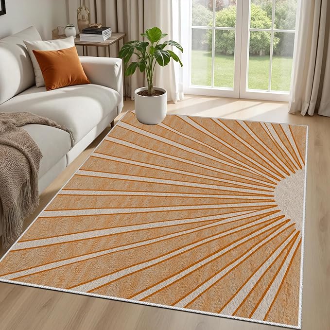 Boho Sun Print Area Rug for Living Room 6x8, Modern Abstract Non-Slip Washable Rugs, Soft Stripe Minimalism Carpet for Bedroom, Nursery, Entryway, Dining Room & Office Decor, Orange White