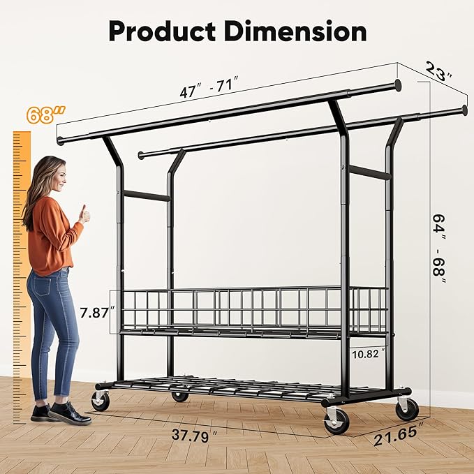 HOKEEPER Heavy Duty Clothes Rack Load 635 LBS, Clothing Rack for Hanging Clothes, Adjustable Black Double Rod with Metal Basket, Portable Rolling Garment Rack with Wheels for Bedroom, Laundry Room