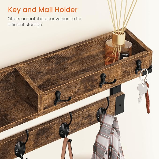 Homode Coat Rack with Shelf, Wall Shelf with Hooks, 26 Inch Long Coat Hanger Wall Mount with Key and Mail Holder, Wood Entryway Shelves for Hanging Hat Jacket Backpack Purse, Rustic Brown Black