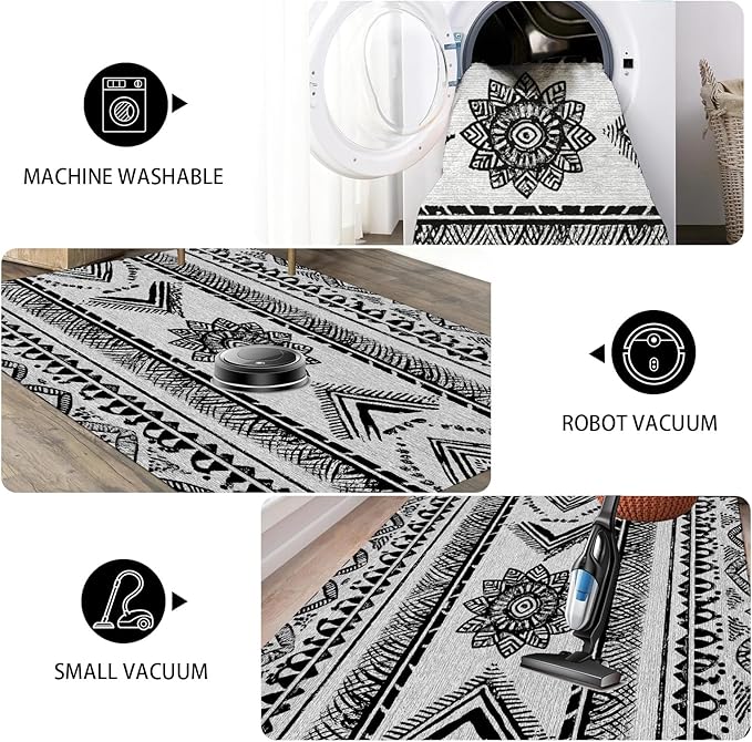 Area Rugs Moroccan for Living Room 6x9, Washable Non-Slip Boho Rug, Neutral Farmhouse Soft Carpet for Bedroom, Kitchen, Dining Room, Entryway, Geometric Print Tribal Carpets, Black and White
