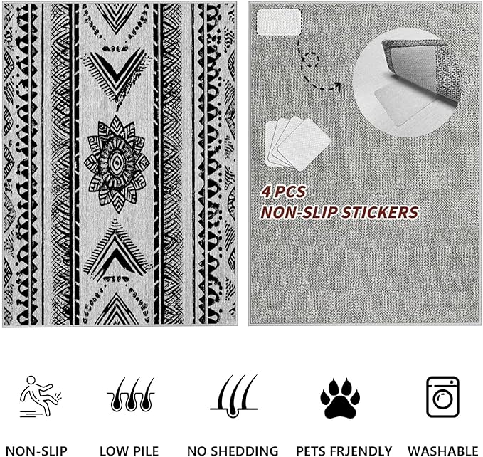 Area Rugs Moroccan for Living Room 3x4, Washable Non-Slip Boho Rug, Neutral Farmhouse Soft Carpet for Bedroom, Kitchen, Dining Room, Entryway, Geometric Print Tribal Carpets, Black and White