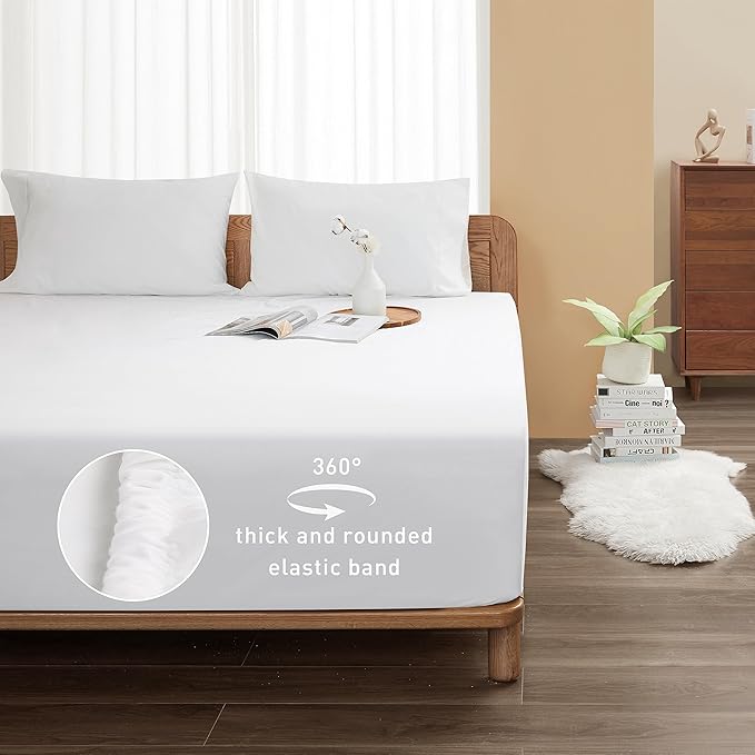 Sunflower Queen Fitted Sheet, 1-Piece Extra Deep Pocket Fitted Bottom Sheet 22", 100% Cotton Sateen Soft Breathable, White