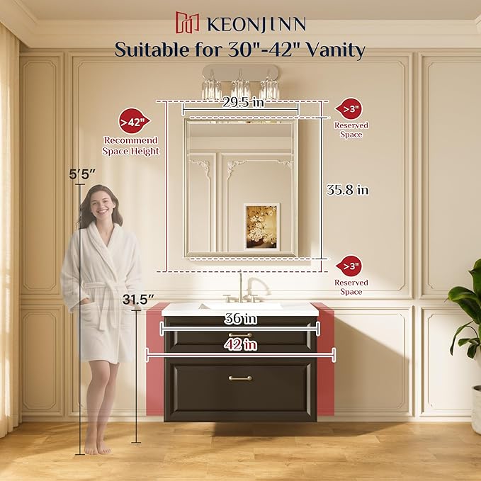 Keonjinn 30" x 36" Black Bathroom Vanity Mirror, Brushed Black Mirrors for Over Sink, Beveled Edge Tempered Glass, Aluminum Alloy Frame, Anti-Rust, Classic Rectangular Wall Mirror for Bedroom, Hallway