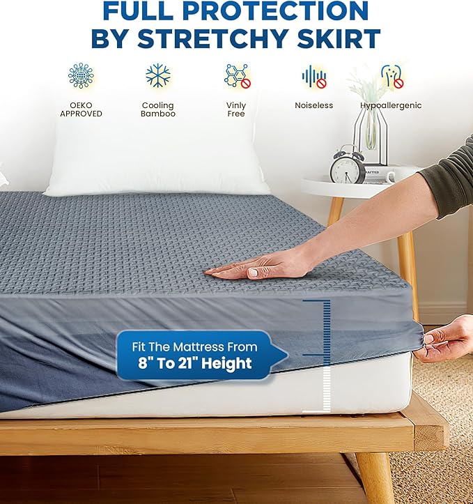 Premium 100% Waterproof King Mattress Protector, Breathable Cooling 3D Air Fabric Mattress Cover, Hypoallergenic Noiseless Bed Cover Vinyl Free, 8-21'' Deep Pocket (Gray)