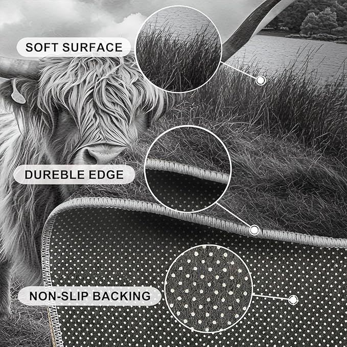 Highland Cattle Rugs for Bedroom - 4x6 Area Rug - Black White Highland Cattle Rugs for Living Room, 3D Natural Landscape Rug, Non-Slip Washable Home Decor Carpet