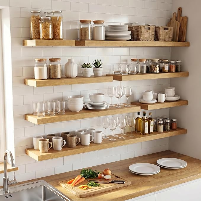 Venusmiles Floating Shelves for Wall, 24 Inch Floating Shelves Set of 2, 6.5" D Wooden Wall Mounted Display Shelves with Invisible Brackets for Living Room, Bedroom, Bathroom, Kitchen Decor, Oak