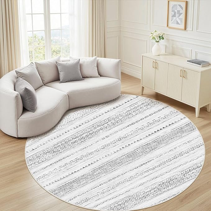 Nakagishi Round Rug Boho Area Rugs: 5x5 Washable Large Circle Neutral Soft Stain Resistant Non-Slip Carpet for Women Aged 25-45 Farmhouse Decor Enthusiasts - Living Room Bedroom Dining Room Nursery